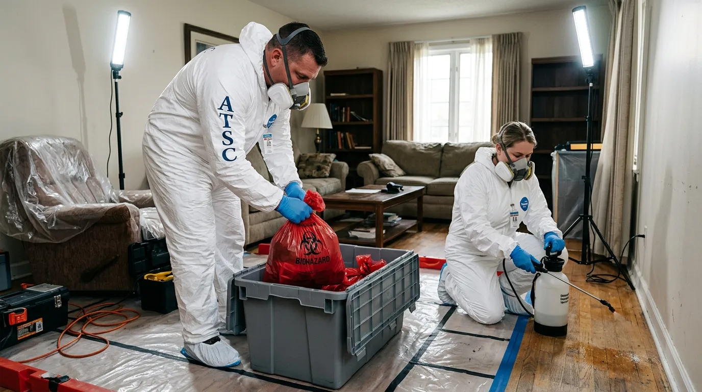 Professional Unattended Death Cleanup technician in full PPE working in Englewood Cliffs